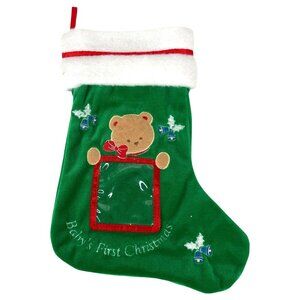 Babys First Christmas Stocking Green Sock With Bear Applique & Photo Holder 10”